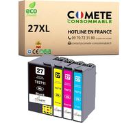 Marque française - 27XL - 4 Cartouches d'encre Compatibles pour Epson 27 XL Réveil (T2711 T2712 T2713 T2714 T2715) - pour Epson Workforce WF3600 WF7600 (1 Noir et 3 Couleur)