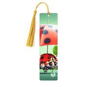 Marque-page amusant en bois en forme de coccinelle tenant des parapluies pour les amateurs de livres, fait à la main avec pompons colorés, marqueurs de page imprimés double face, accessoires de livre