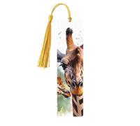 Marque-page aquarelle cerf girafe en bois pour les amateurs de livres fait à la main avec pompon, marque-page de lecture, étiquettes cadeaux en bois pour décorations artisanales