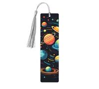 Marque-page avec système solaire et planète spatiale en bois avec pompon pour homme et femme - Marque-page de lecture - Cadeau pour les amateurs de livres