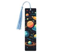 Marque-page avec système solaire et planète spatiale en bois avec pompon pour homme et femme - Marque-page de lecture - Cadeau pour les amateurs de livres