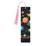 Marque-page avec système solaire et planète spatiale en bois avec pompon pour homme et femme - Marque-page de lecture - Cadeau pour les amateurs de livres