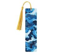 Marque-page bleu à motif camouflage, marque-page en bois pour les amateurs de livres, marque de livre en bois fait à la main avec pompon, marqueurs de page de lecture, étiquettes cadeaux en bois pour