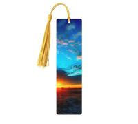 Marque-page bleu coucher de soleil en bois pour les amateurs de livres, marque de livre en bois fait à la main avec pompon, marqueurs de page de lecture, étiquettes cadeaux en bois pour décorations