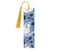 Marque-page bleu en bois avec chinchillas et lune pour hommes, femmes, enseignants, cadeau vintage fait à la main, marque-pages pour lecture, marque-pages à suspendre, étiquettes cadeaux, ornements en