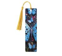 Marque-page bleu en forme de papillon en bois pour les amateurs de livres, marque-page en bois fait à la main avec pompon, marque-page de lecture, étiquettes cadeaux en bois pour décorations