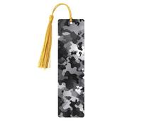 Marque-page camouflage noir, blanc et gris, marque-page en bois pour les amateurs de livres, marque-page en bois fait à la main avec pompon, marque-page de lecture, étiquettes cadeaux en bois pour