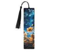 Marque-page ciel étoilé tournesol en bois avec pompon pour homme et femme - Marque-page de lecture - Cadeau pour les amateurs de livres
