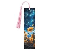 Marque-page ciel étoilé tournesol en bois avec pompon pour homme et femme - Marque-page de lecture - Cadeau pour les amateurs de livres