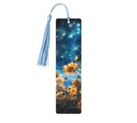 Marque-page ciel étoilé tournesol en bois avec pompon pour homme et femme - Marque-page de lecture - Cadeau pour les amateurs de livres