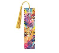 Marque-page coloré avec fleurs abstraites, marque-pages en bois pour les amateurs de livres, marque de livre en bois fait à la main avec pompon, marqueurs de page de lecture, étiquettes cadeaux en