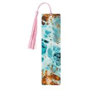 Marque-page d'art en marbre turquoise avec imprimé vache bleu sarcelle avec pompon pour homme et femme - Marque-page de lecture - Cadeau pour les amateurs de livres