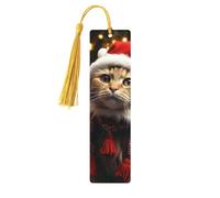 Marque-page de Noël en bois en forme de chat pour hommes, femmes, enseignants, cadeau vintage fait à la main, marque-pages pour lecture, marque-pages à suspendre, ornements en bois avec pompon
