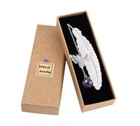 Marque Page de Plume en Métal avec Papillon et Fleur Sèche Éternelle Perles de Verre Pendentif, Cadeau pour Adultes, Enfant, Lecteur, Étudiant, Plume d'Argent Fleur d'Pourpre