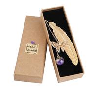 Marque Page de Plume en Métal avec Papillon et Fleur Sèche Éternelle Perles de Verre Pendentif, Cadeau pour Adultes, Enfant, Lecteur, Étudiant, Plume d'Or Fleur d'Pourpre