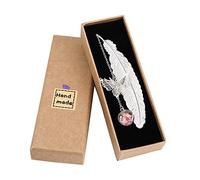 Marque-page de Plume en Métal avec Papillon et Fleur Sèche Éternelle Perles de Verre Pendentif, Idéal Cadeau pour Adultes et Enfants, Plume d'Argent Rose Fleur Rouge