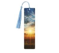 Marque-page décoratif en bois avec pompon, motif lever de soleil sur le terrain, idéal pour les amoureux des livres, idéal pour la lecture, idéal pour les femmes et les hommes. Marque-page en bois f