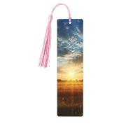Marque-page décoratif en bois avec pompon, motif lever de soleil sur le terrain, idéal pour les amoureux des livres, idéal pour la lecture, idéal pour les femmes et les hommes. Marque-page en bois f