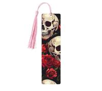 Marque-page d'Halloween en bois avec pompon en forme de tête de mort et rose - Cadeau pour les amateurs de livres