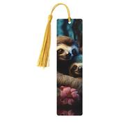 Marque-page en bois « A Sloth and A Baby Sloth » pour les amateurs de livres, fait à la main avec pompons colorés, marque-page imprimés double face, accessoires de livre artistique, cadeau pour homme