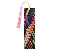 Marque-page en bois abstrait rayé coloré avec pompons colorés - Cadeau insolite pour les amateurs de livres, hommes et femmes