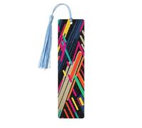 Marque-page en bois abstrait rayé coloré avec pompons colorés - Cadeau insolite pour les amateurs de livres, hommes et femmes