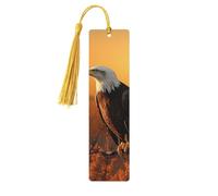 Marque-page en bois avec aigle à tête blanche au coucher du soleil doré pour les amateurs de livres, marque-page fait à la main avec pompons colorés, marque-page imprimés double face, accessoires de