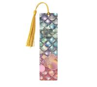 Marque-page en bois avec écailles de sirène Pearl Fantasy pour les amateurs de livres, fait à la main avec pompons colorés, marqueurs de page imprimés double face, accessoires de livre artistique
