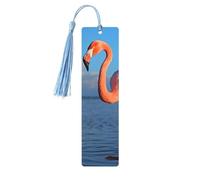 Marque-page en bois avec flamant rose dans l'eau, fait à la main, imprimé double face, marque-page avec pompons bleu ciel, accessoires de livre, cadeau pour les amateurs de livres, femmes et hommes