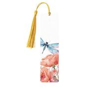 Marque-page en bois avec fleurs aquarelles avec libellule pour les amateurs de livres, marque-page en bois fait à la main avec pompon, marque-page de lecture, étiquettes cadeaux en bois pour