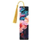 Marque-page en bois avec fleurs tropicales pour les amateurs de livres, fait à la main avec pompons colorés, marque-page imprimés double face, accessoires de livre artistique, cadeau pour homme et