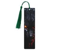 Marque-page en bois avec grand loup noir aux yeux rouges - Marque-page en bois avec pompons colorés - Cadeau inhabituel pour les amateurs de livres, hommes et femmes
