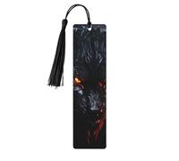 Marque-page en bois avec grand loup noir aux yeux rouges - Marque-page en bois avec pompons colorés - Cadeau inhabituel pour les amateurs de livres, hommes et femmes