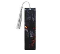 Marque-page en bois avec grand loup noir aux yeux rouges - Marque-page en bois avec pompons colorés - Cadeau inhabituel pour les amateurs de livres, hommes et femmes