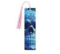 Marque-page en bois avec impression 3D en forme de tête de mort bleue pour homme et femme, fait à la main avec pendentif en bois brut avec pampille, marque-pages, étiquettes à suspendre pour les