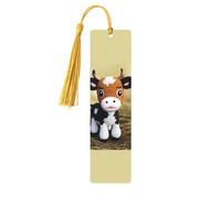 Marque-page en bois avec joli motif de petite vache pour les amateurs de livres, fait à la main avec pompons colorés, marque-page double face, accessoires de livre artistique, cadeau pour homme et