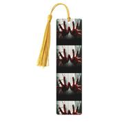 Marque-page en bois avec mains sanglantes pour les amateurs de livres, marque-page fait à la main avec pompons colorés imprimés double face, accessoires de livre artistique, cadeau pour homme et femme
