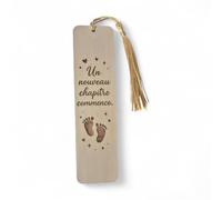 Marque-page en Bois avec Message Grossesse, Un Nouveau Chapitre Commence, Pompon Doré Décoratif