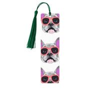 Marque-page en bois avec motif bouledogue français en forme de lunettes roses pour les amateurs de livres, étiquettes en bois à suspendre avec pompons colorés, étiquettes en bois, ornements, cadeau