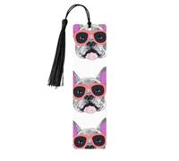 Marque-page en bois avec motif bouledogue français en forme de lunettes roses pour les amateurs de livres, étiquettes en bois à suspendre avec pompons colorés, étiquettes en bois, ornements, cadeau