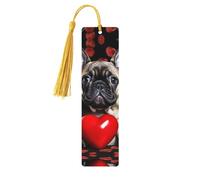 Marque-page en bois avec motif bouledogue français tenant un cœur rouge pour les amateurs de livres, fait à la main avec pompons colorés, marque-page imprimés double face, accessoires de livre