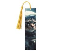 Marque-page en bois avec motif chat astronaute dans l'espace pour les amateurs de livres, fait à la main avec pompons colorés, marque-page double face, accessoires de livre artistique, cadeau pour