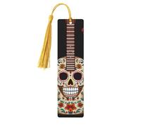 Marque-page en bois avec motif de guitare, poivre, tête de mort en sucre pour hommes, femmes, enseignants, cadeau vintage, fait à la main, marque-pages pour lecture, marque-pages à suspendre avec