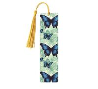 Marque-page en bois avec motif papillon bleu pour les amateurs de livres, fait à la main avec pompons colorés, marque-page imprimés double face, accessoires de livre artistique, cadeau pour homme et