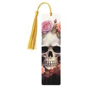 Marque-page en bois avec motif squelette mignon avec fleurs pour les amateurs de livres, fait à la main avec pompons colorés, marque-page imprimés double face, accessoires de livre artistique, cadeau