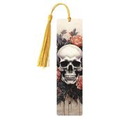 Marque-page en bois avec motif tête de mort antique et fleurs pour les amateurs de livres, fait à la main avec pompons colorés, marqueurs de page imprimés double face, accessoires de livre artistique
