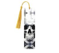 Marque-page en bois avec motif tête de mort blanc et gris pour les amateurs de livres, marque-page fait à la main avec pompons colorés imprimés double face, accessoires de livre artistique, cadeau
