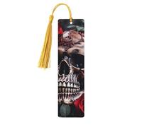 Marque-page en bois avec motif tête de mort et rose rouge avec pompons, étiquettes rectangulaires en bois naturel, cadeaux pour homme et femme