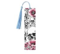 Marque-page en bois avec motif tête de mort florale et pompons, décoration parfaite pour marque-pages