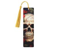 Marque-page en bois avec motif tête de mort rose rouge pour les amateurs de livres, marque-page fait à la main avec pompons colorés imprimés double face, accessoires de livre artistique, cadeau pour